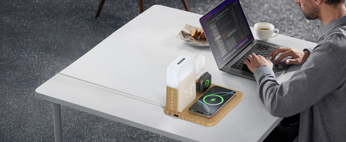 Station de Recharge sans Fil et Réveil MagSafe 7-en-1 pour iPhone 12-16/Samsung/Xiaomi/Huawei/Apple Watch/AirPods avec Veilleuse