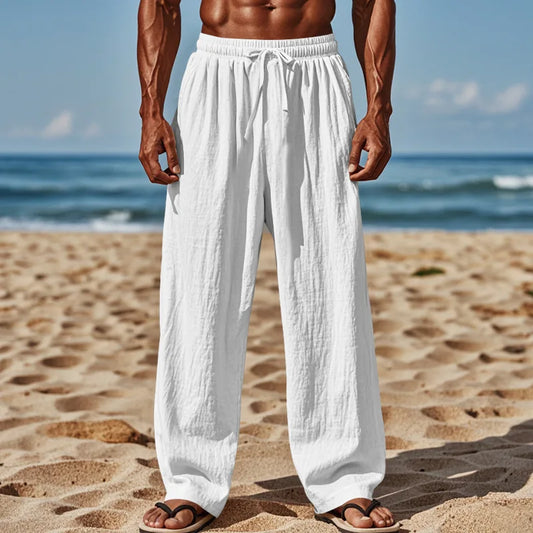 2024 new cotton and linen loose men's large size loose solid color casual lace-up trousers