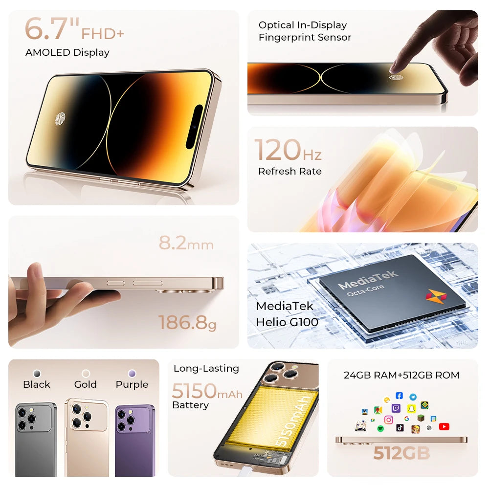Smartphone Android OUKITEL P1 PRO, Écran FHD+ AMOLED 120Hz de 6,7 pouces, 24(8+16)Go+512Go ROM, Téléphone Portable Double SIM 4G, Batterie 5150mAh