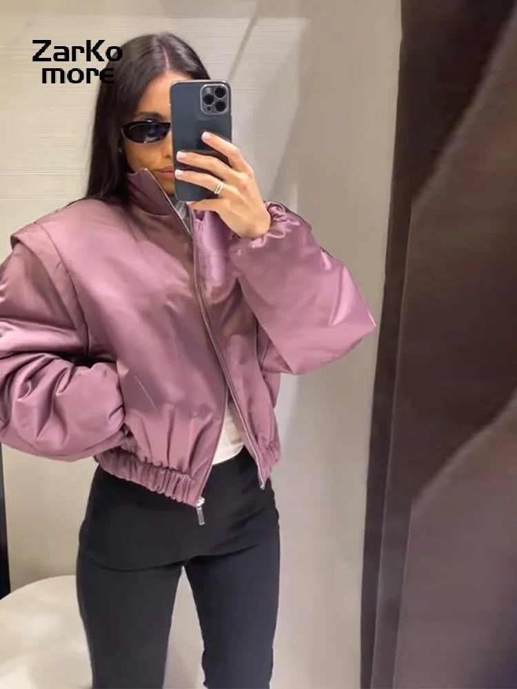 Fashion Y2K Satin Bomberjacke Damen Malve Puffärmel Cropped Reißverschluss Freizeit Jacke 2026 Frühling Lady Chic Street Mäntel Neu