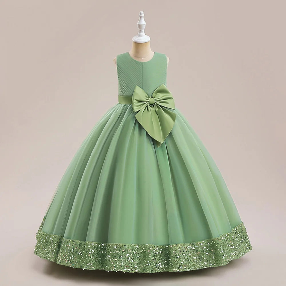 Fluffy Pailletten Brautjungfern Prinzessin Mädchenkleid Elegante Schleife Rosa Hochzeit Abschlussball Abend Kinder Partykleider für Mädchen Geburtstagskostüme