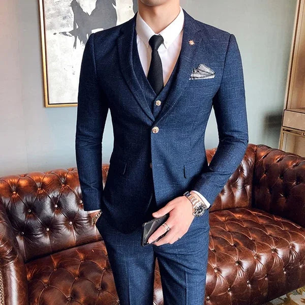 S-7XL (Jacke+Weste+Hose) Mode-Boutique Gitter Anzug Formeller Business Herren Anzug 3-teiliges Set Bräutigam Hochzeitskleid Karierter Anzug Showbühne