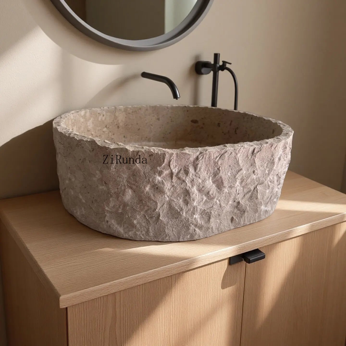 Light beige lime stone table wash basin oval outer wool surface wash basin natural stone custom sink