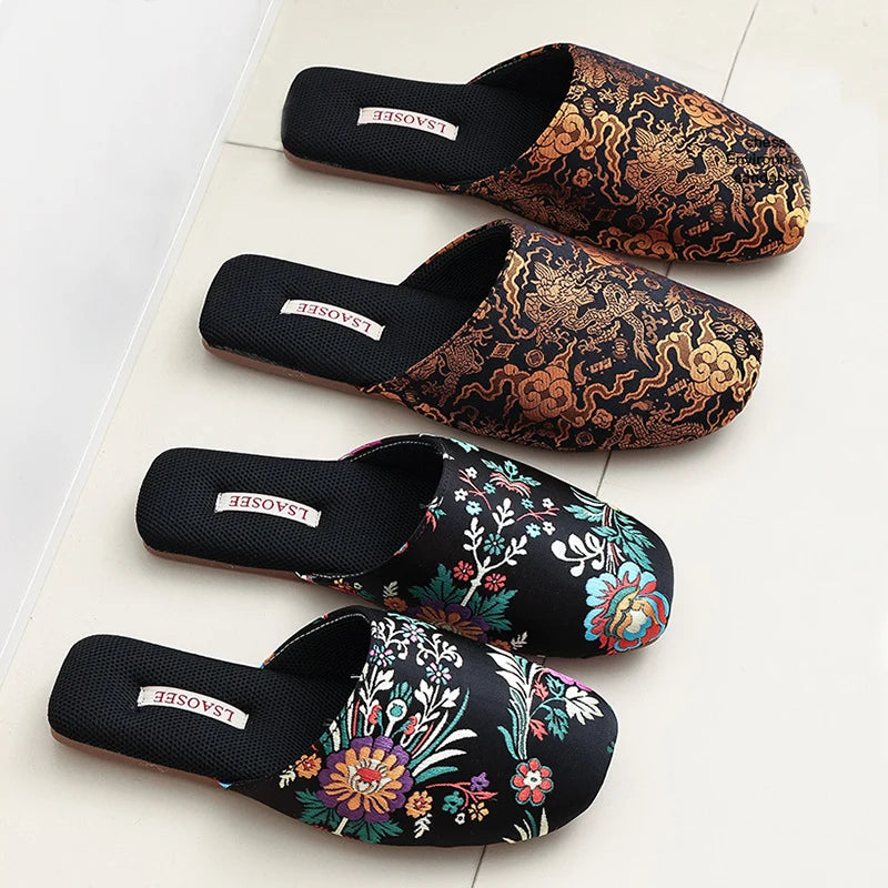 Spring and summer new Chinese embroidered slippers high-end light luxury classic beef tendon bottom home floor drag women