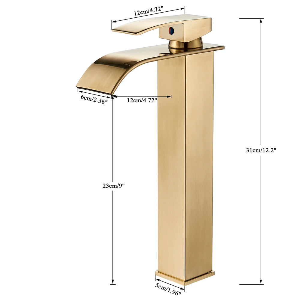 Robinet de Lavabo Doré Brossé, Élégant Robinet Cascade pour Salle de Bain, Mitigeur Monocommande en Laiton à Fixation sur Plan