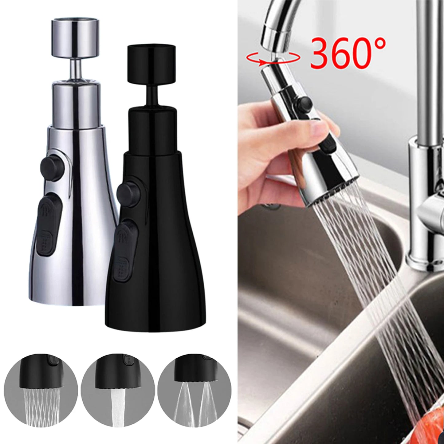 3-in-1 Küchenarmaturen-Verlängerung Universell 360° drehbar Ausziehbar Küchenhahn Mehrfachmodus Starke Spülkraft-Verstärker Küchenzubehör