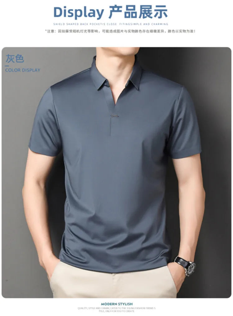 Polo 2024 de haute qualité, extensible et élastique, Chemise à manches courtes pour hommes, style décontracté, Col en V sans coutures, Polo pour hommes M-4XL