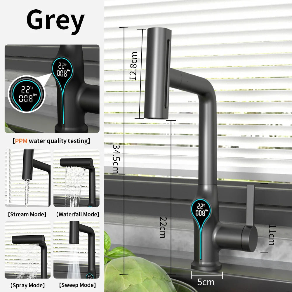 Robinet de lavabo numérique avec affichage de la température Cascade, pulvérisateur à jet relevable haut et bas, mélangeur chaud/froid pour salle de bain