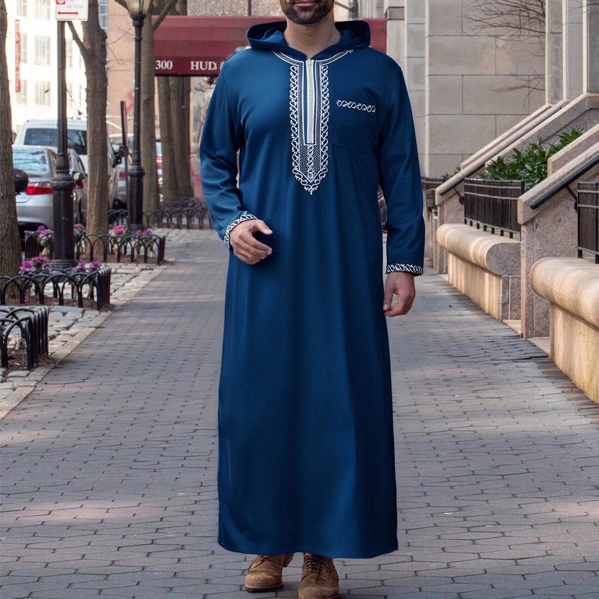 Robe à capuche marocaine Luxe homme brodé manche longue poche Vêtement musulman Abaya Moyen-Orient Djellaba Qamis