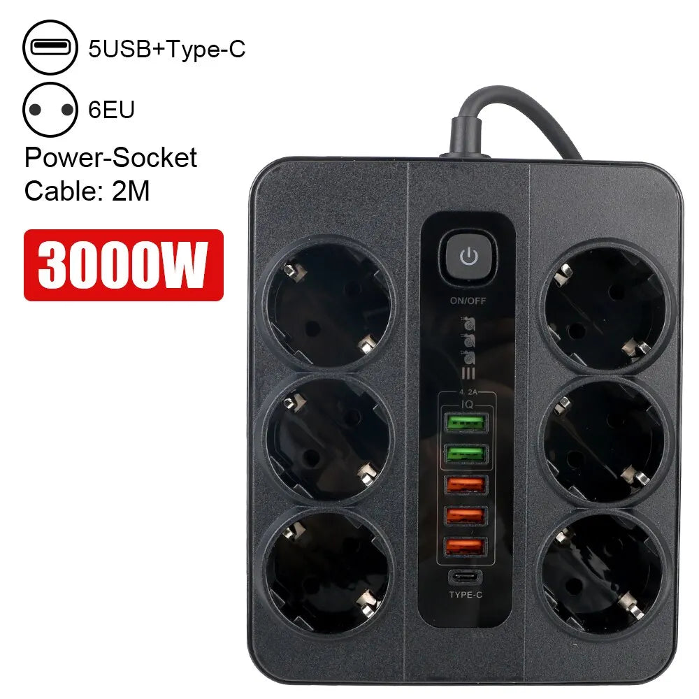 Extension Socket With Safety Switch Power Strip For Office Home EU Plug 3000W 2M Cable Overload Protection USB Type C Ports