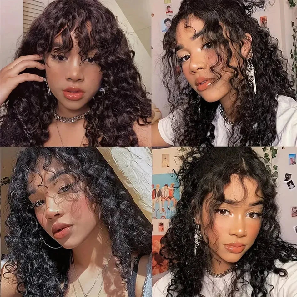 30 Zoll Water Wave Echthaarperücken mit Pony, klebefreie Pony-Perücke, Kinky Curly Bob Perücke mit Pony, vollmaschinell gefertigte Perücke, 180%