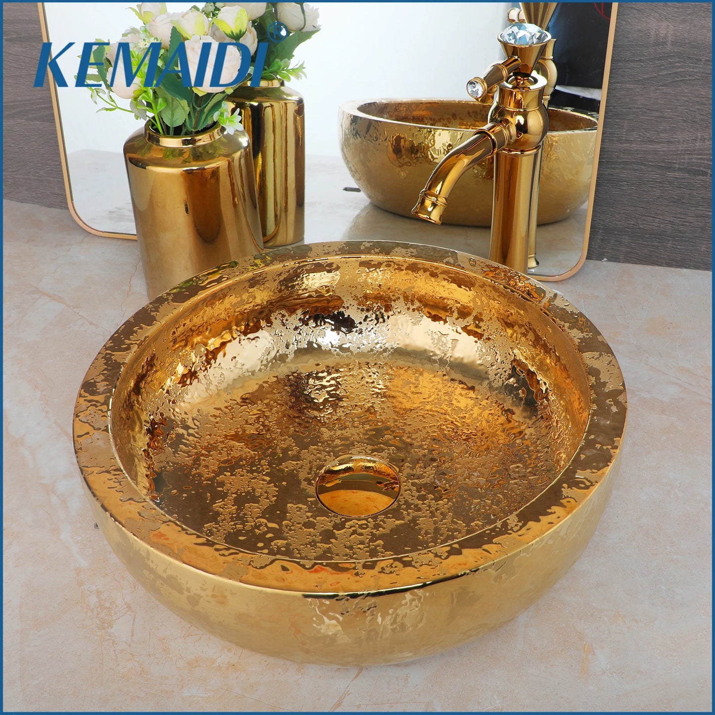 KEMAIDI Keramik-Waschtisch Gold mit Wasserhahn Porzellan-Waschbecken Aufsatzwaschbecken Luxus-Waschbecken für Badezimmer
