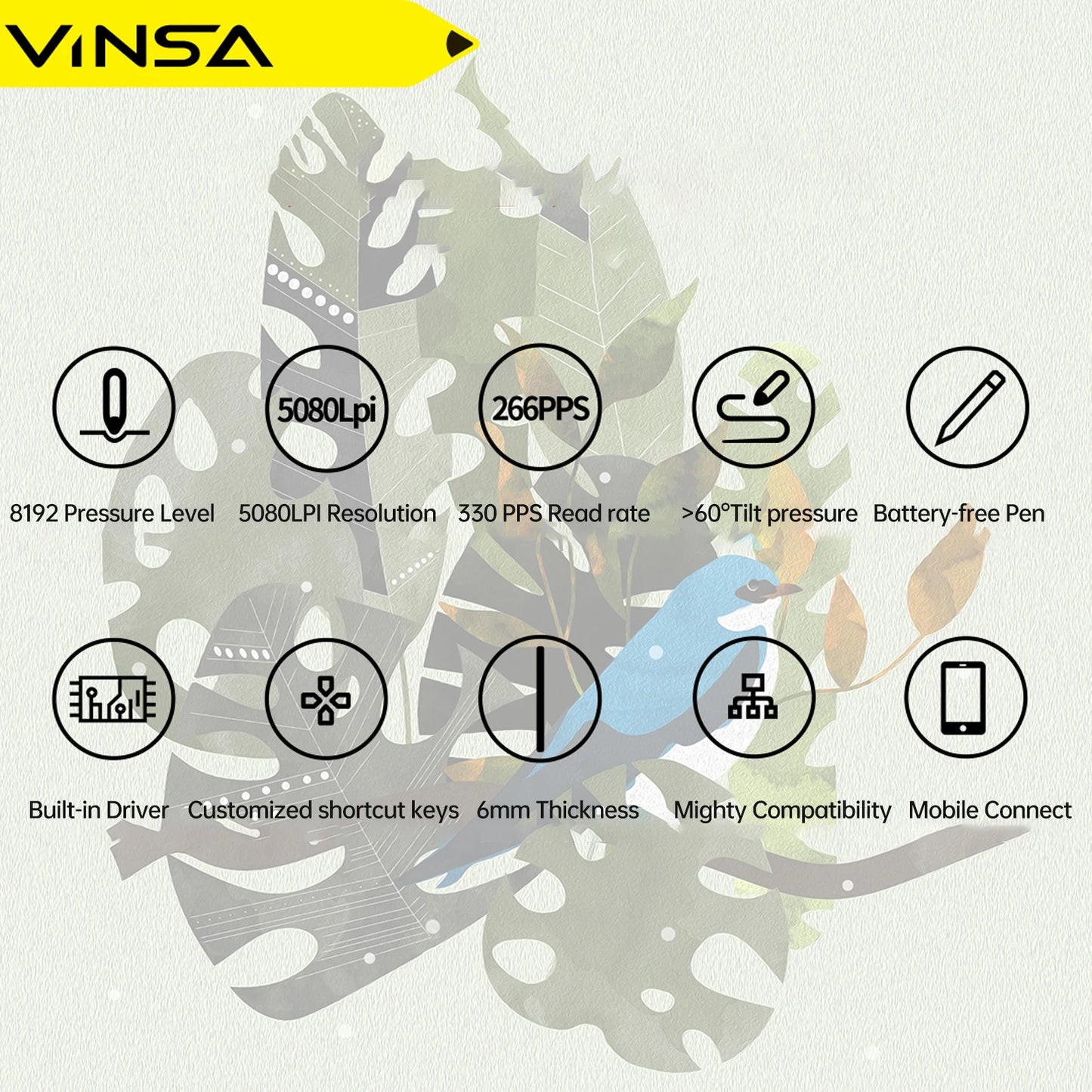 VINSA T1161 Grafiktablett Ultradünnes Kunst-Design-Skizze mit batterielosem Stift 8 Stiftspitzen 8192 Druckstufen