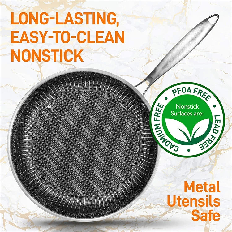 LMETJMA Poêle à frire en acier inoxydable antiadhésive alvéolée avec couvercle compatible avec les tables de cuisson à induction, vitrocéramiques et à gaz KC0480