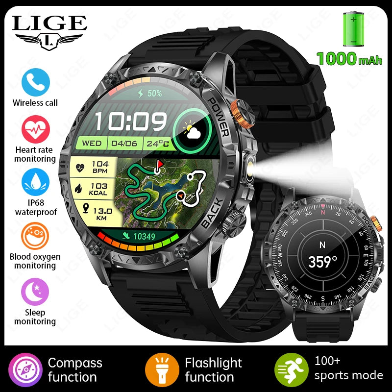 LIGE Nouvelle Montre Intelligente Militaire Hommes 1000mAh Batterie Super Capacité Bracelet Sportif Extérieur Moniteur de Fréquence Cardiaque Montre Connectée Étanche