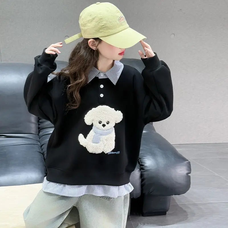 Sweatshirt Mädchen 2025 Neu Faux Zweiteiliger Polo Hoodie Frühling/Herbst Kinder Mittel-Groß Locker Sitzender Cartoon Welpen Top