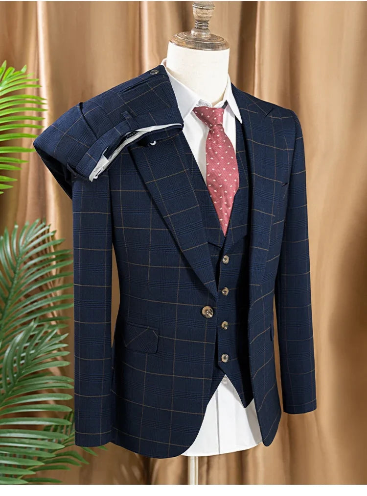 high quality 3 Piece Checkered Suit Set dark blue Stylish Business Office Wedding Formal Outfit Elegant full man dinner suit