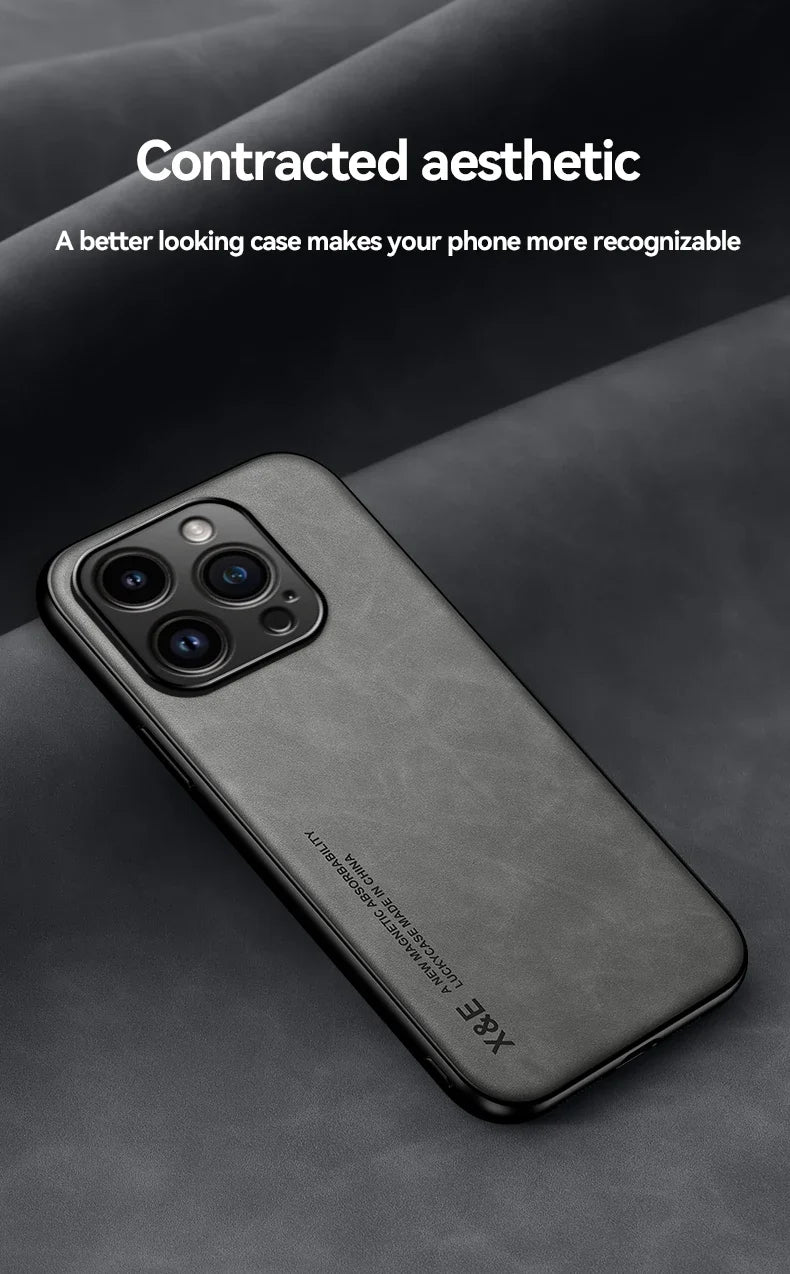 Étui en cuir de luxe pour iPhone 17 16 16e 15 14 13 12 11 Pro Max Plus 12 13 Mini SE 8 7 Housse avec plaque métallique support voiture