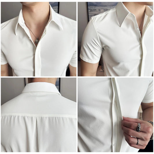 2024 High Quality Summer Thin Stretchy Short-Sleeved Shirt for Men's Business and Casual Wear, Hidden Button Placket M-4XL