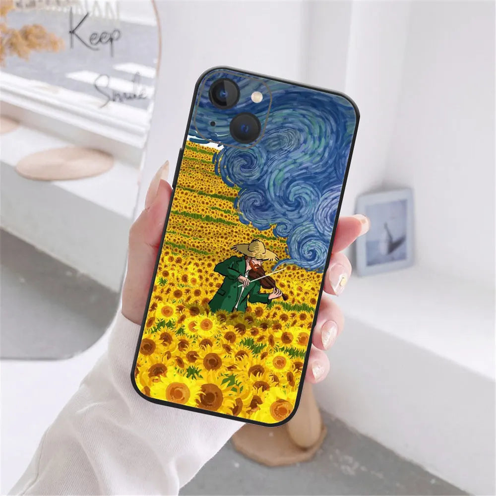 Art Van Gogh Sternenklare Sonnenblume Handyhülle für iPhone 11 12 13 14 15 16 17 Pro Max 17AIR 14 15 16 Plus Schwarze Weiche Silikonhülle