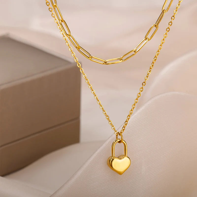 Colliers multicouches en forme de cœur pour femmes, en acier inoxydable, couleur or, pendentif œil maléfique, chaîne ras du cou, bijoux de mariage, cadeau