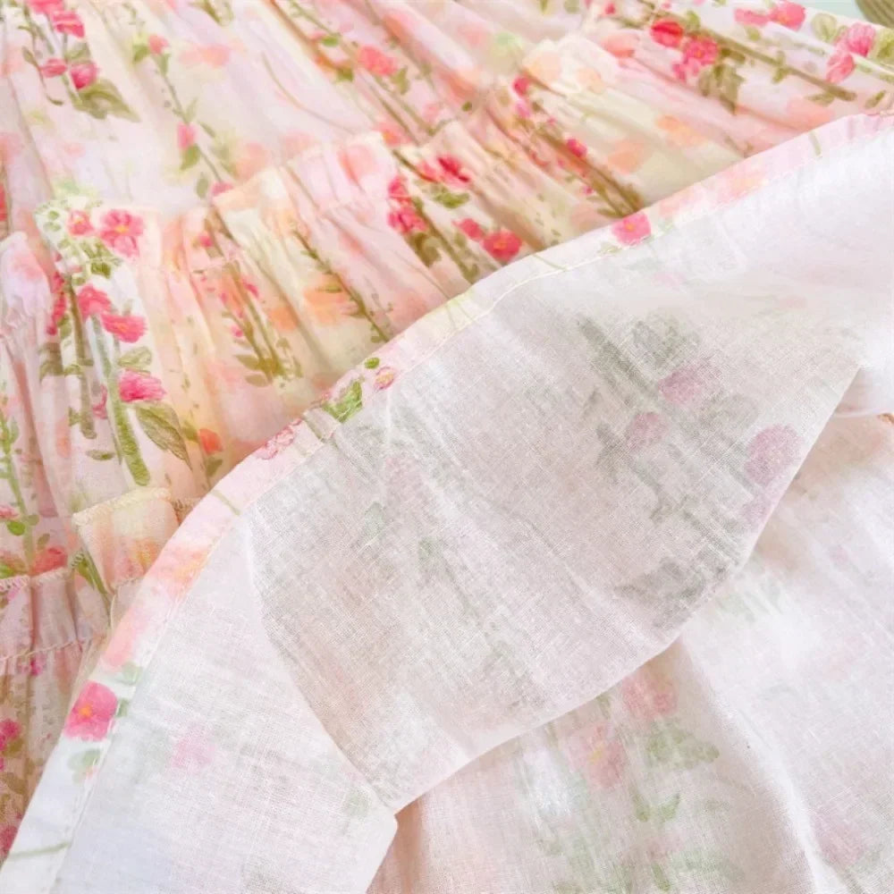 3-7 Years Old Summer New Princess Dress Pink Round Neck Sleeveless Lace Flower Print Girls' Casual Clothes Birthday Party Wear