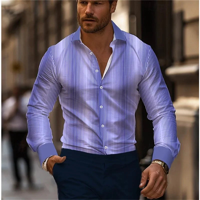 Gestreiftes Business-Casual-Herrenhemd mit 3D-Druck, Straßen-Freizeitkleidung, Frühling und Sommer, Revers, Langarm, 5XL, Stretchstoffhemd