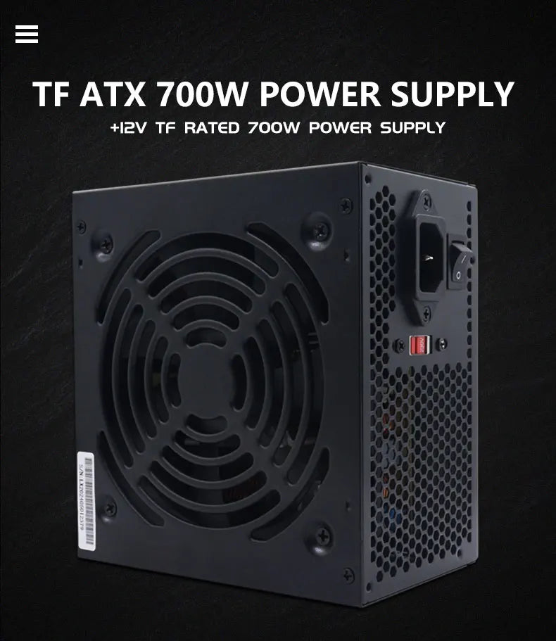 Unité d'alimentation PC 700W Noir Gaming Silencieux Ventilateur 120mm ATX 24 broches 12V pour ordinateur de bureau BTC