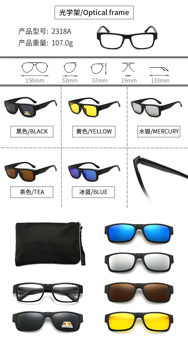 6 In 1 Polarized Sunglasses Men Women Magnetic Clip On Glasses TR90 Optical Prescription Eyeglass Frames Magnet Clips