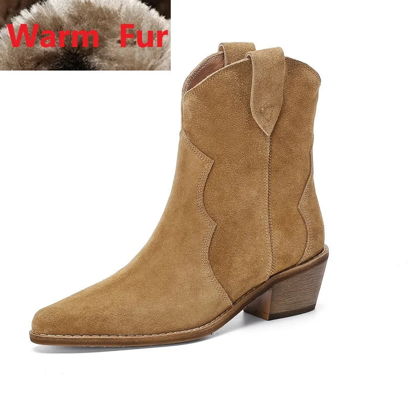 Bottes Chelsea pour femme en suède de vache à bout pointu et talon épais, bottines cousues, chaussures d'hiver, bottes western pour femme, printemps automne