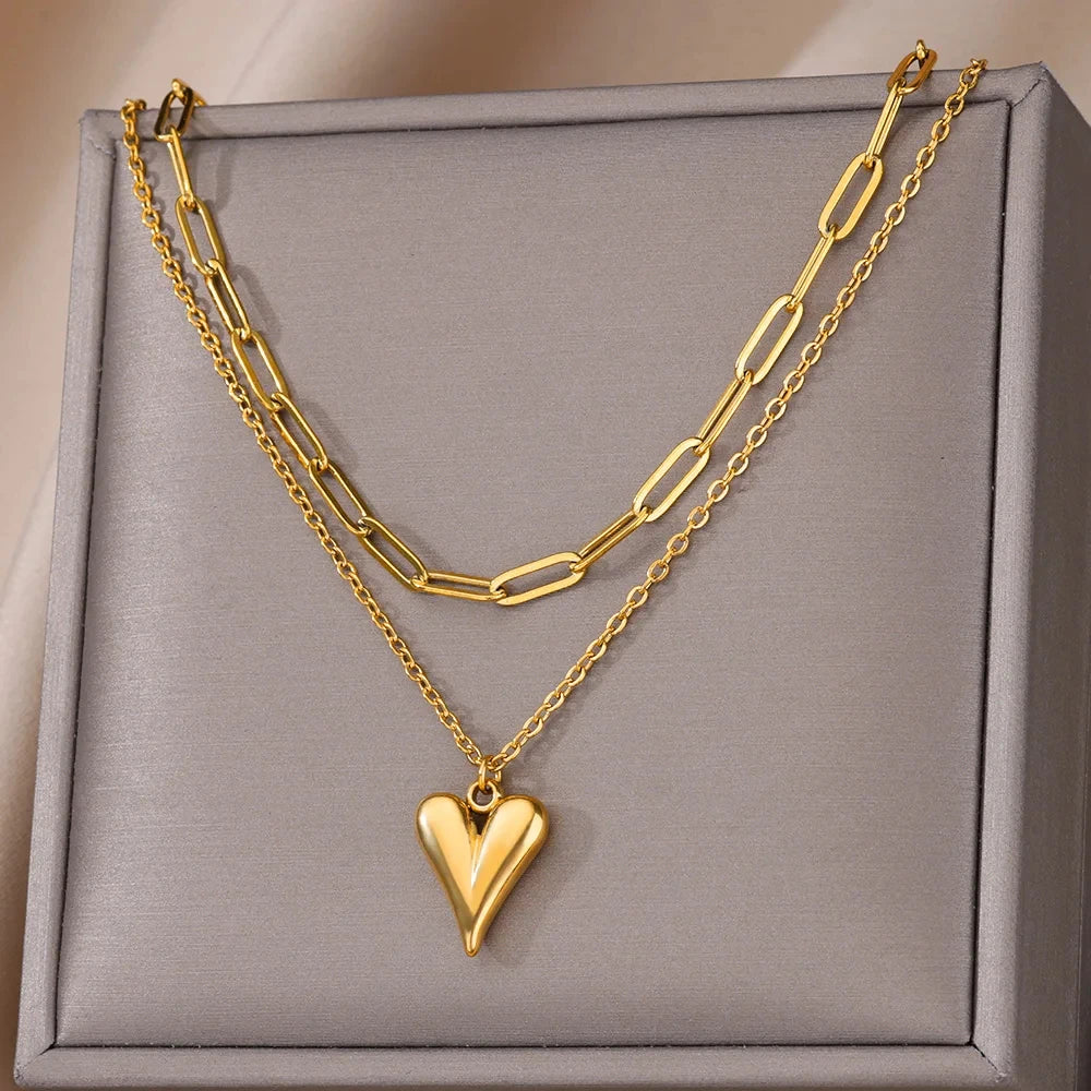 Colliers multicouches en forme de cœur pour femmes, en acier inoxydable, couleur or, pendentif œil maléfique, chaîne ras du cou, bijoux de mariage, cadeau