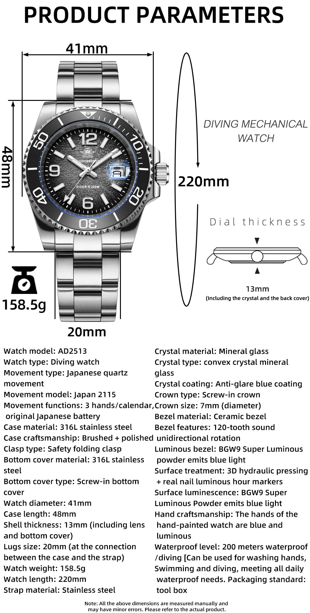 Montre de Plongée Homme ADDIESDIVE 41mm AD2513 Étanche 200m Acier Inoxydable 316L Montre-Bracelet à Quartz Calendrier BGW9 Super Lumineux