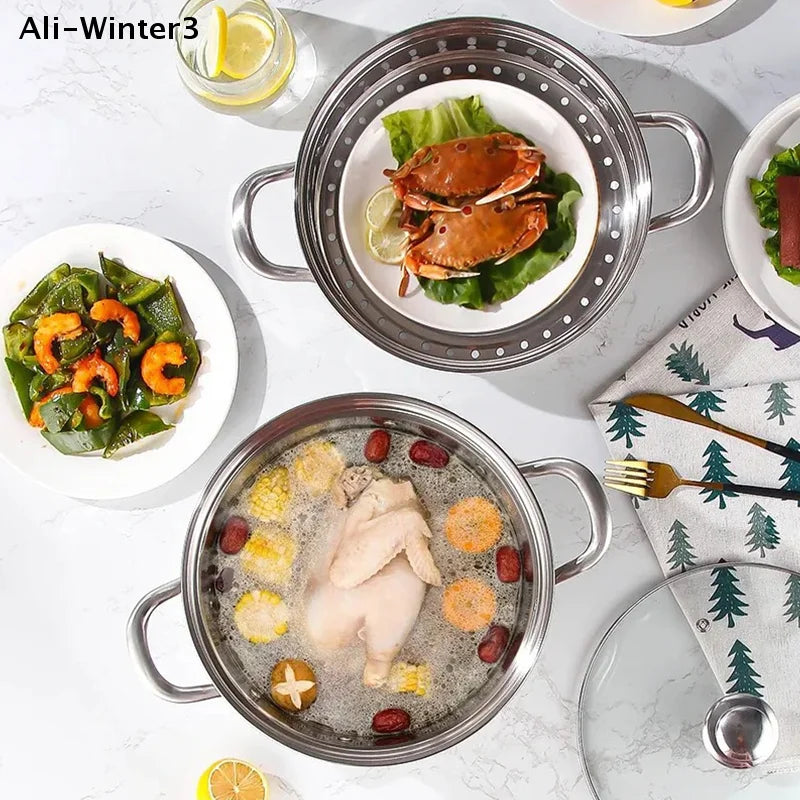 【R】Stainless Casserole Cookware Double Handle Soup Pot With Glass Cover For Induction Cooker Cooking