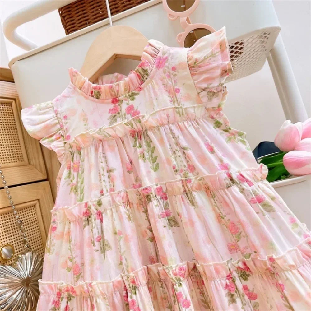3-7 Years Old Summer New Princess Dress Pink Round Neck Sleeveless Lace Flower Print Girls' Casual Clothes Birthday Party Wear