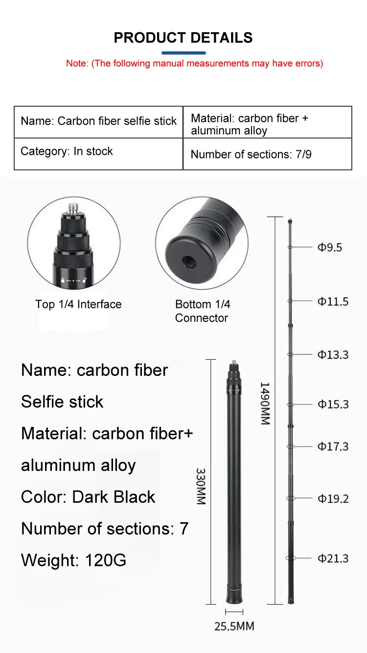 HONGDAK Monopode extensible en fibre de carbone de 3 m, édition étendue, perche à selfie invisible pour Insta360 X3 X2, trépied pour GoPro