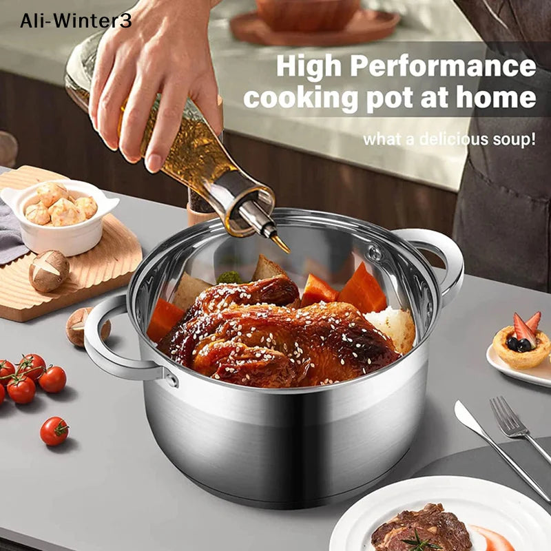【R】Stainless Casserole Cookware Double Handle Soup Pot With Glass Cover For Induction Cooker Cooking