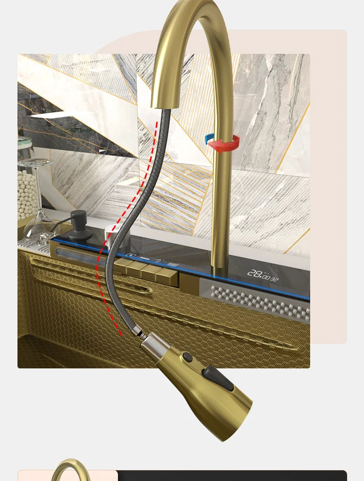 Goldfarbene Edelstahl-Küchenspüle mit Wasserfallauslauf, großes Einzelbecken, Digitalanzeige, Spül- und Gemüsebecken