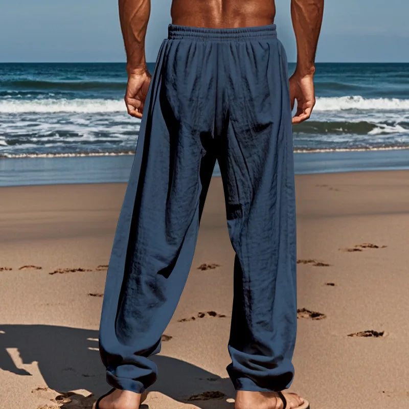 2024 neue Baumwoll-Leinen-Hose für Herren, große Größe, lässig, einfarbig, Schnürung