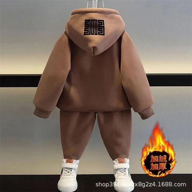 Ensembles de sweat-shirts pour enfants, hiver, plus velours épais, costume chaud garçons filles, sweat à capuche + pantalon 2 pièces, tenues de survêtement en coton