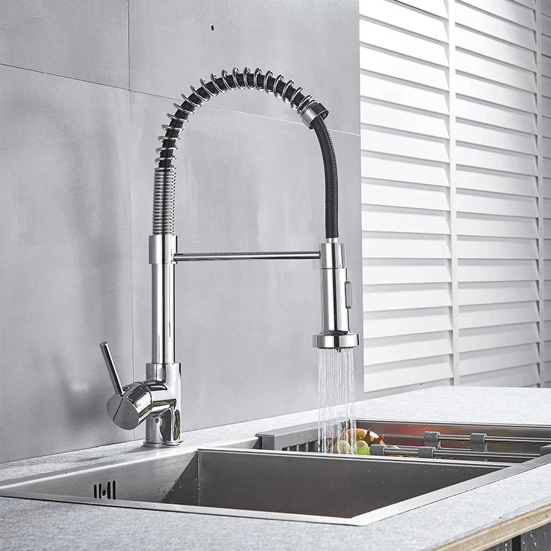 Spring Brushed Nickel Kitchen Faucet Deck Mounted Mixer Tap 360 Degree Rotation Stream Sprayer Nozzle Kitchen Sink Hot Cold Taps