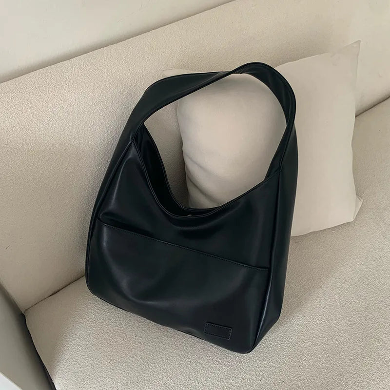 Women Hobo Bag Simple PU Leather Solid Shoulder Bag 2023 Fashion Large Capacity Handbag For School Work