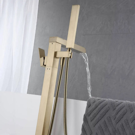 KEMAIDI Freestanding Bathtub Faucet Tub Filler High Flow Waterfall Bath Filler Brushed Gold Tub Faucets with Hand Shower Tap