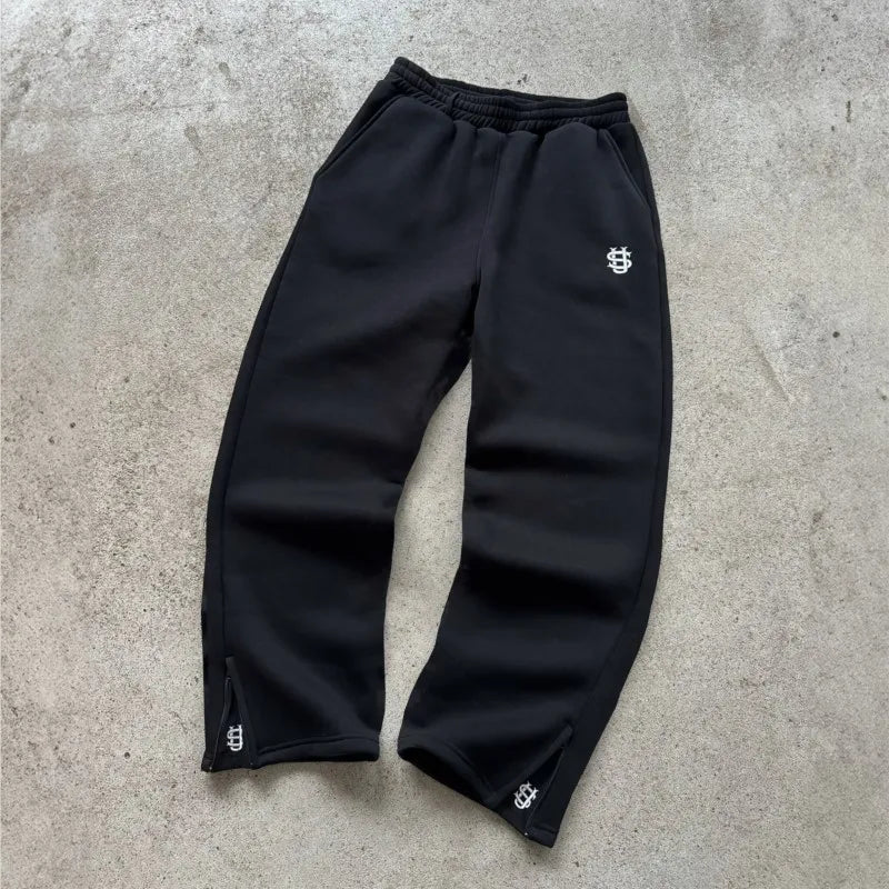 Retro Y2k Streetwear Trend Herren und Damen Hip Hop Stickerei Freizeithose Elastischer Bund Reißverschluss Locker Einfarbige Sporthose