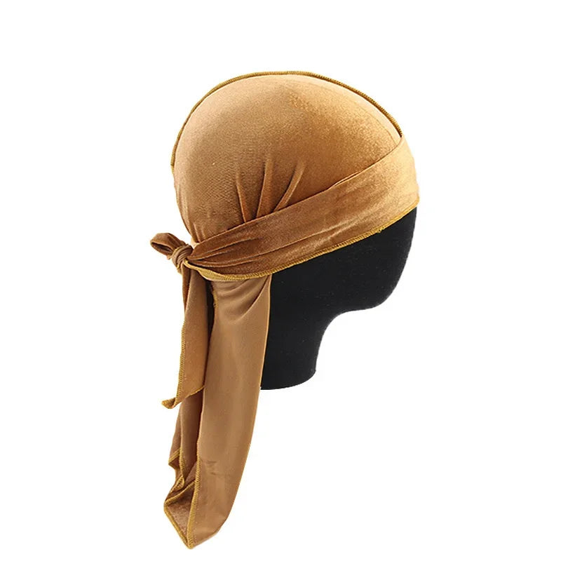 Neue Unisex Samt Durags Bandana Turban Hut Männer Frauen Atmungsaktive Lange Schwanz Piratenhüte Mütze Hip Hop Stirnband
