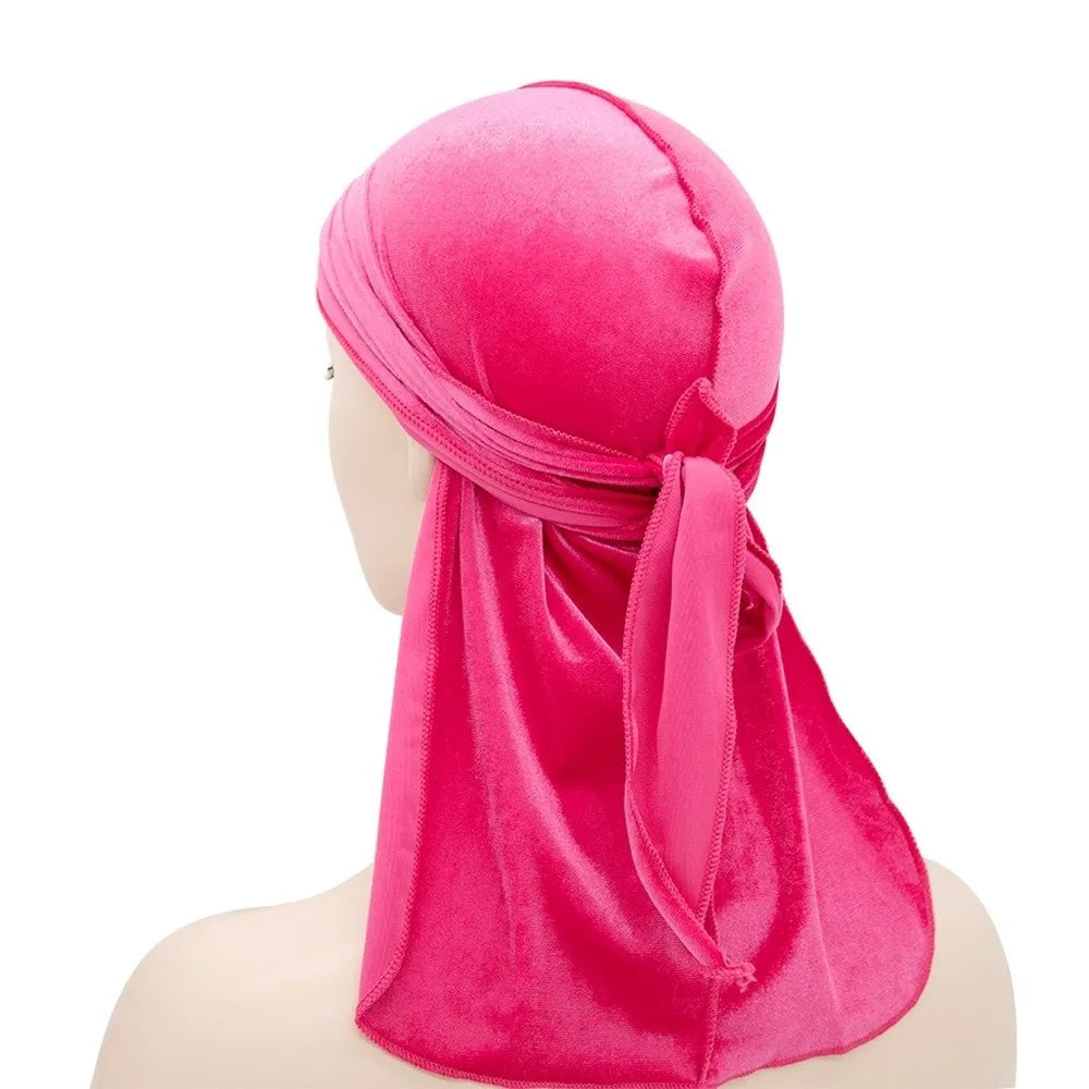 Nouveaux Durags en Velours Casquettes Longue Queue Chapeau Turban Respirant Bandeau Élastique Réglable Accessoires pour Cheveux