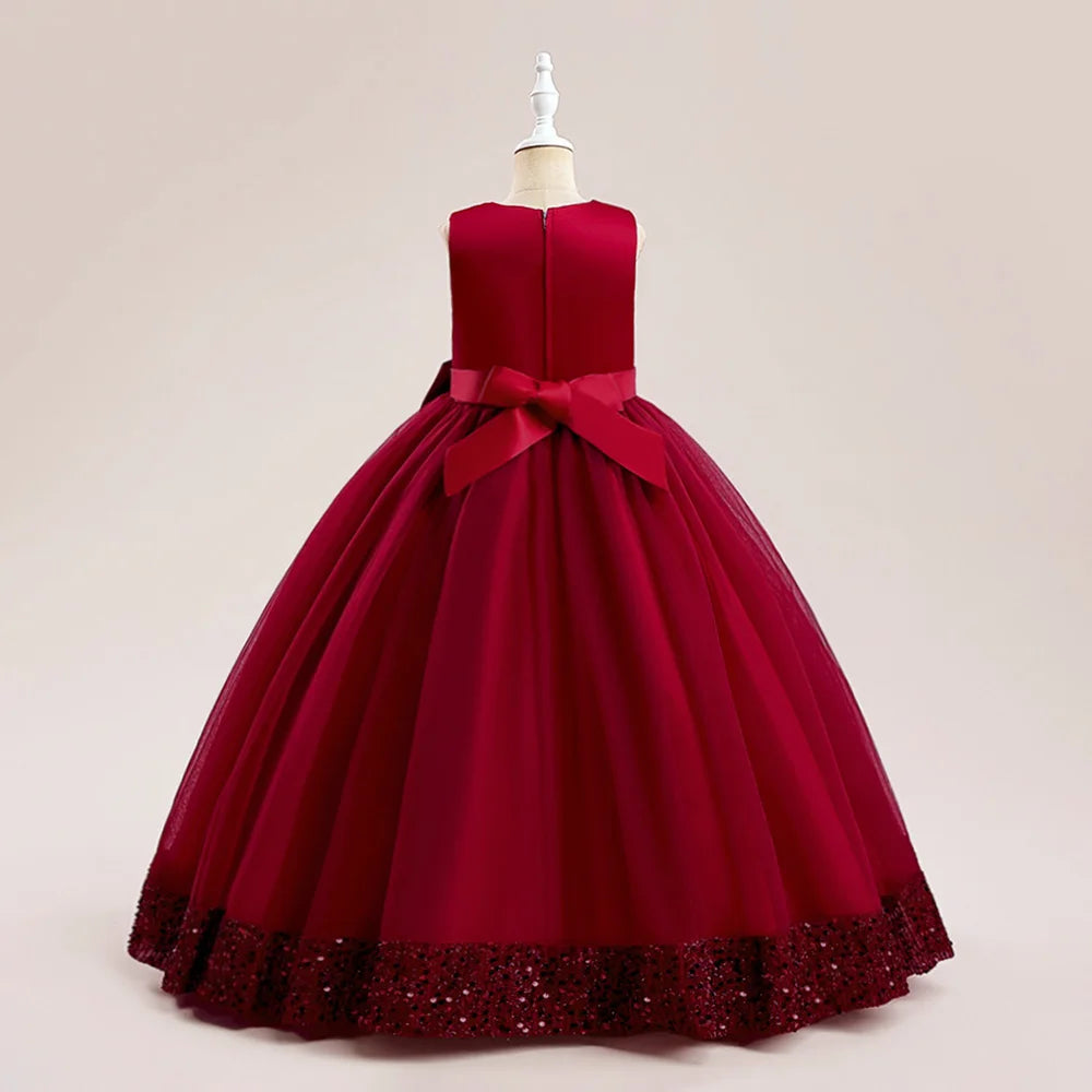 Fluffy Pailletten Brautjungfern Prinzessin Mädchenkleid Elegante Schleife Rosa Hochzeit Abschlussball Abend Kinder Partykleider für Mädchen Geburtstagskostüme