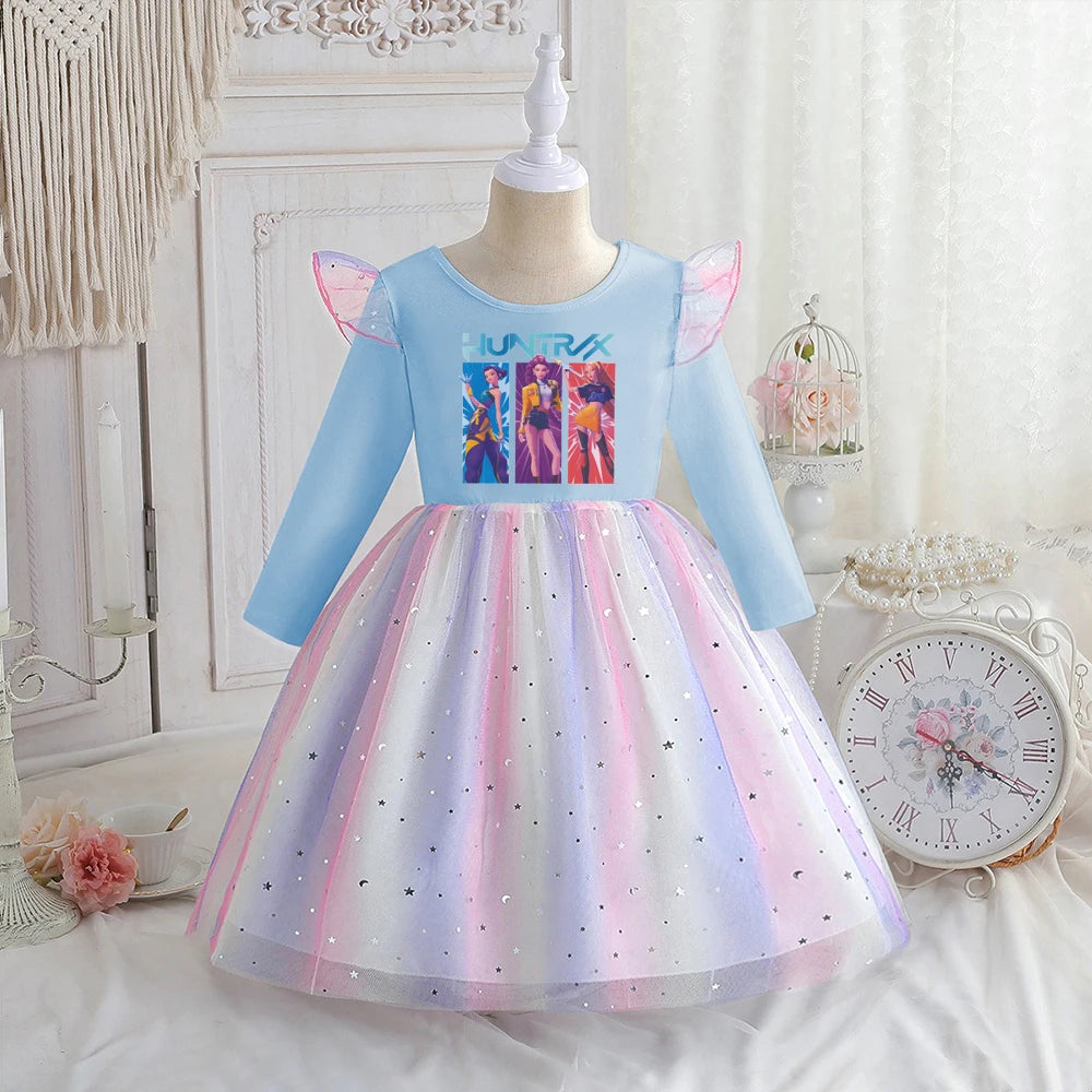 Kpop Demon Hunters Vêtements Enfants Robe de Princesse Manches Longues Printemps Robe Bébé Filles pour Fête d'Anniversaire Arc-en-ciel 2-8 Ans