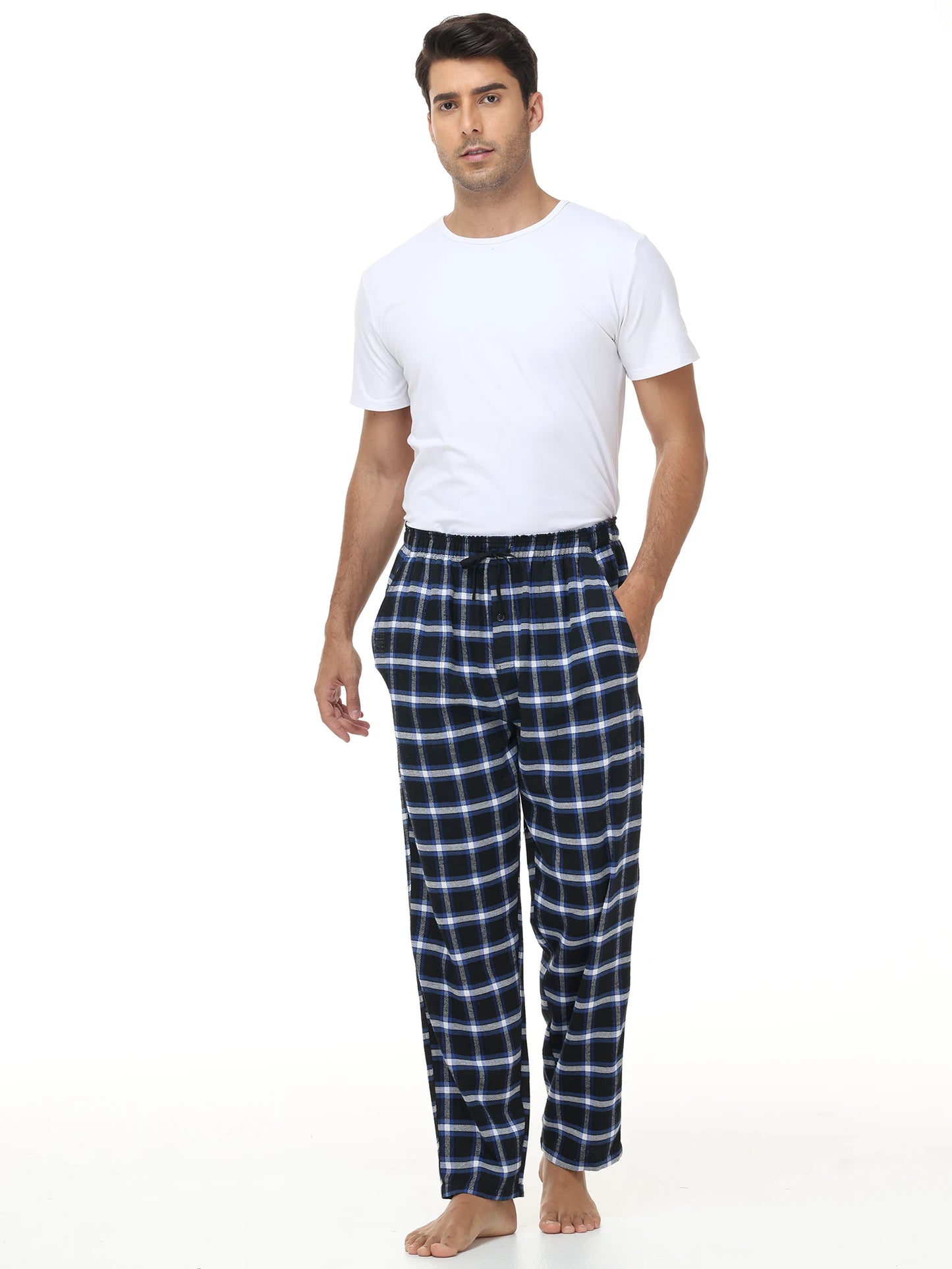 Pyjama Homme 3 Pièces Coton Carreaux, Pantalon de Pyjama Long Carreaux avec Taille Élastique pour Homme
