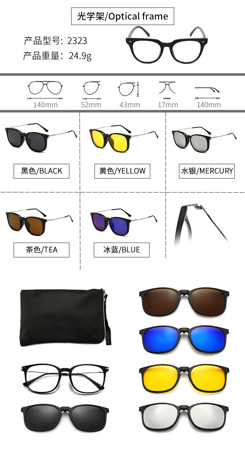 6 In 1 Polarized Sunglasses Men Women Magnetic Clip On Glasses TR90 Optical Prescription Eyeglass Frames Magnet Clips