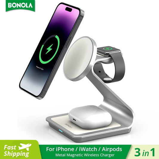 Chargeur sans fil magnétique 3 en 1 Bonola pour iPhone 17/16/15/13/14/12 Station de charge sans fil 30W pour Apple Watch/AirPods Pro